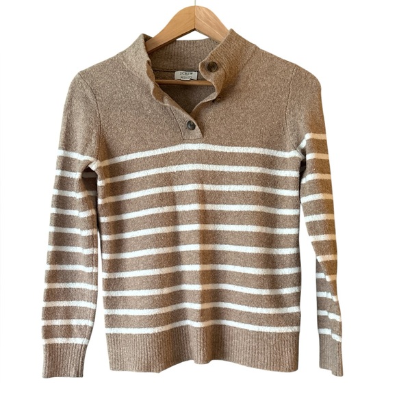 J. Crew Striped button-front pullover in extra-soft yarn Tan White Coastal Sz XS - Picture 2 of 9